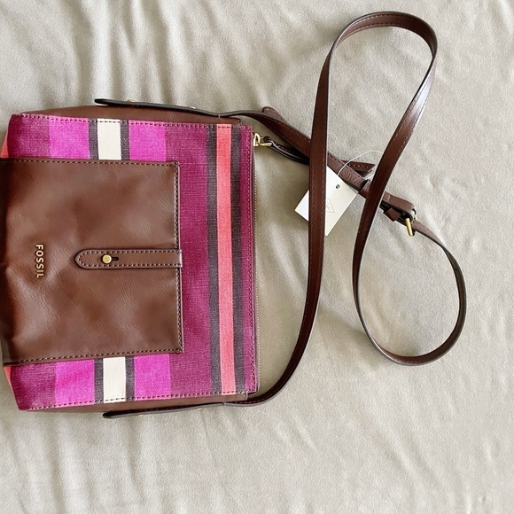 Fossil Jenna TZ Crossbody Purse Wine Multi Stripe - Picture 3 of 9